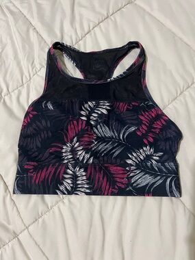 Fabletics Black Sports Bra with Pink & White Leaf Print